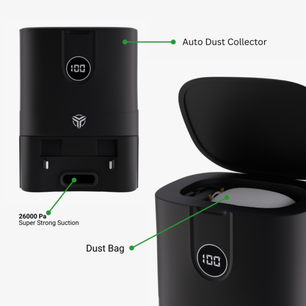 An image displaying the Auto-Empty Station feature of a robotic vacuum cleaner, showcasing its replaceable dust bag, self-emptying capability, and auto-seal design.