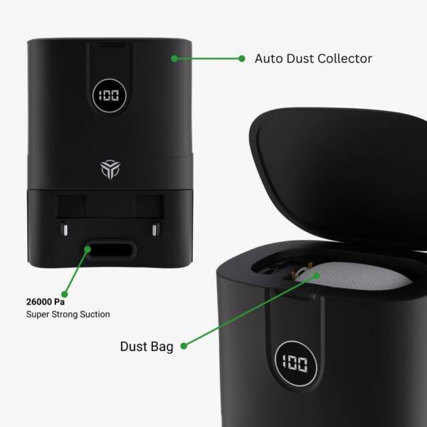 An image demonstrating the self-charging capabilities of a robotic vacuum cleaner, where the vacuum automatically returns to its charging dock for recharging when the battery is low.